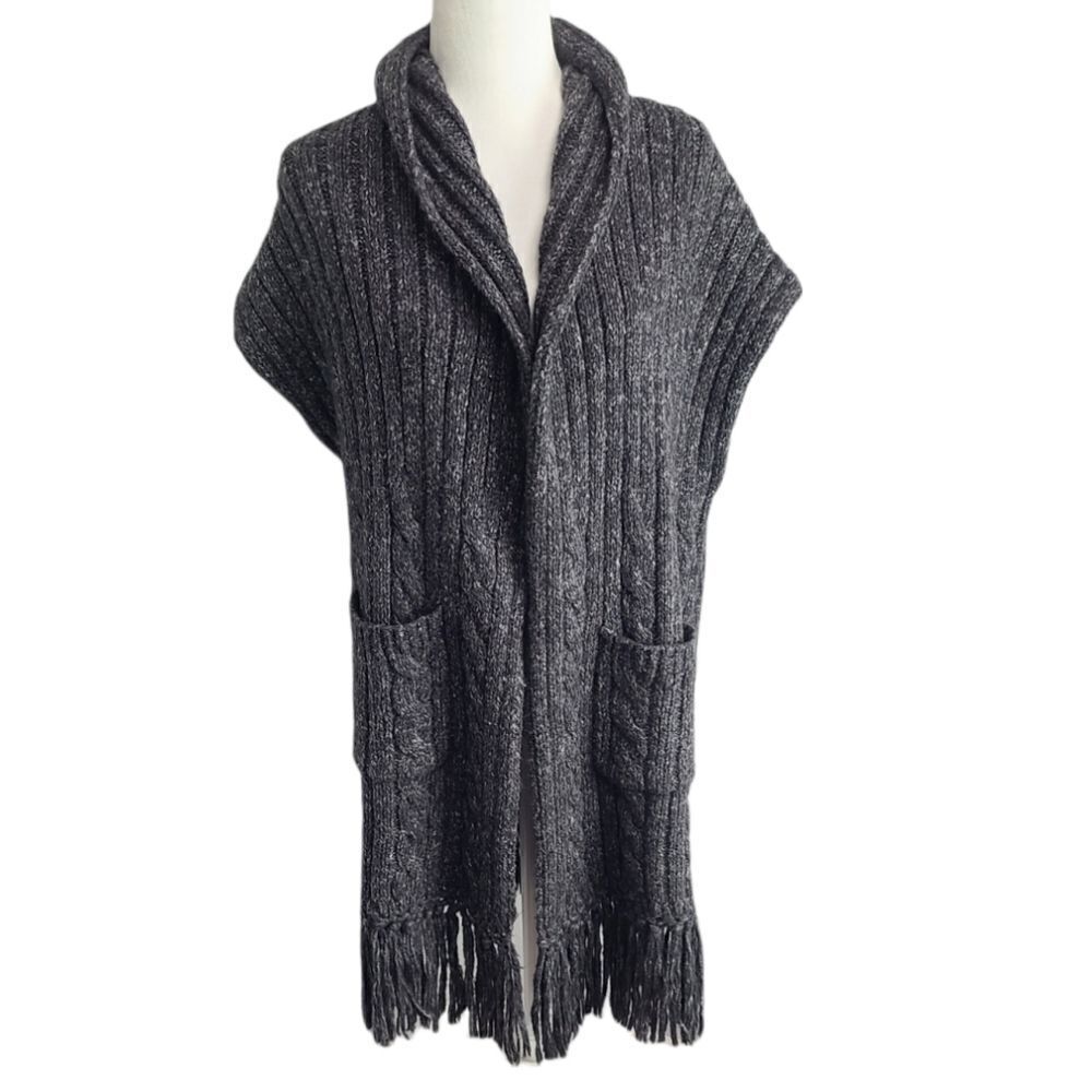 Womens Open‎ Cardigan Knitted Pocket Gray Shawn Wool Blend Size Medium